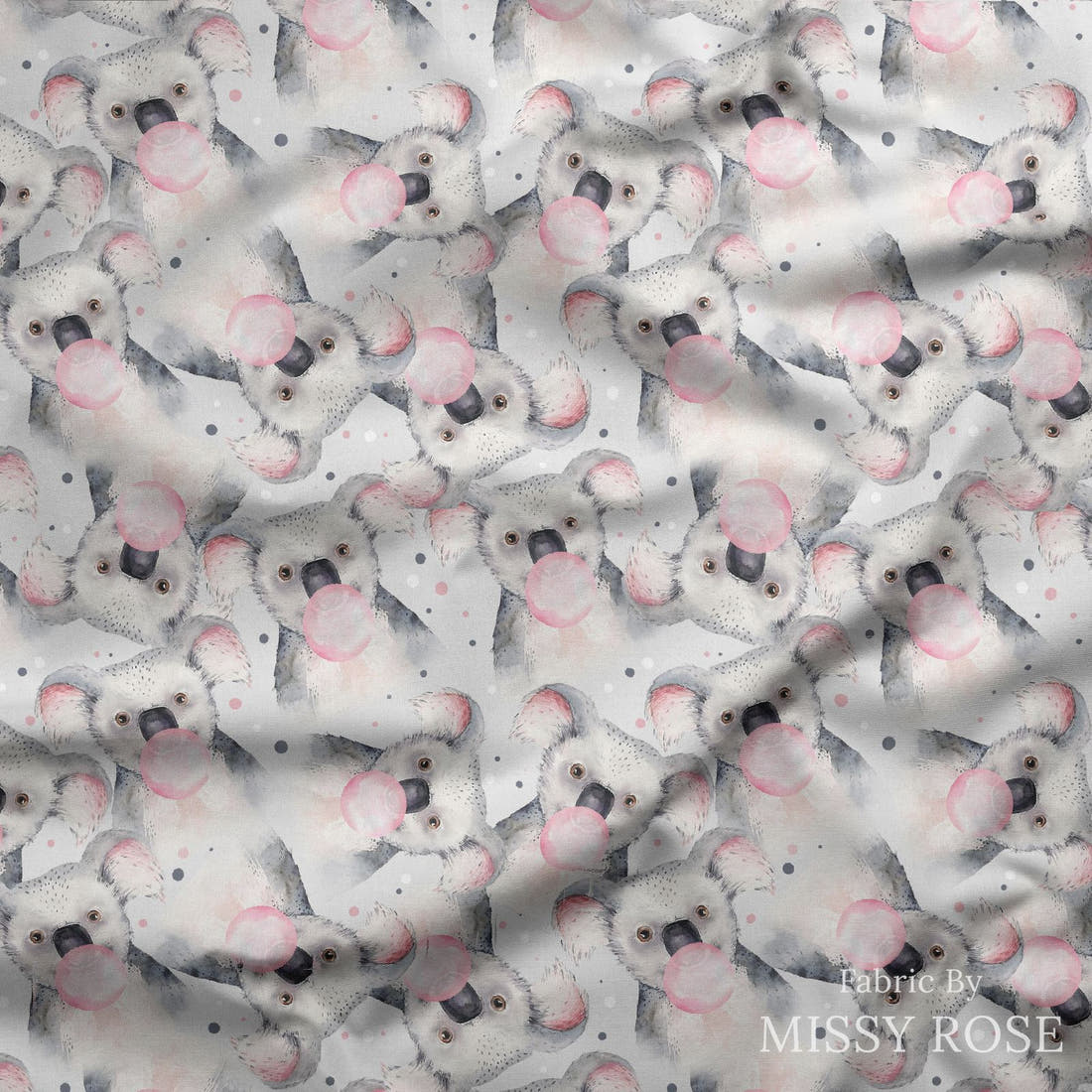 Design 565 Grey Koala Fabric draped fabric mockup – custom printed fabric by the metre | Fabric by Missy Rose