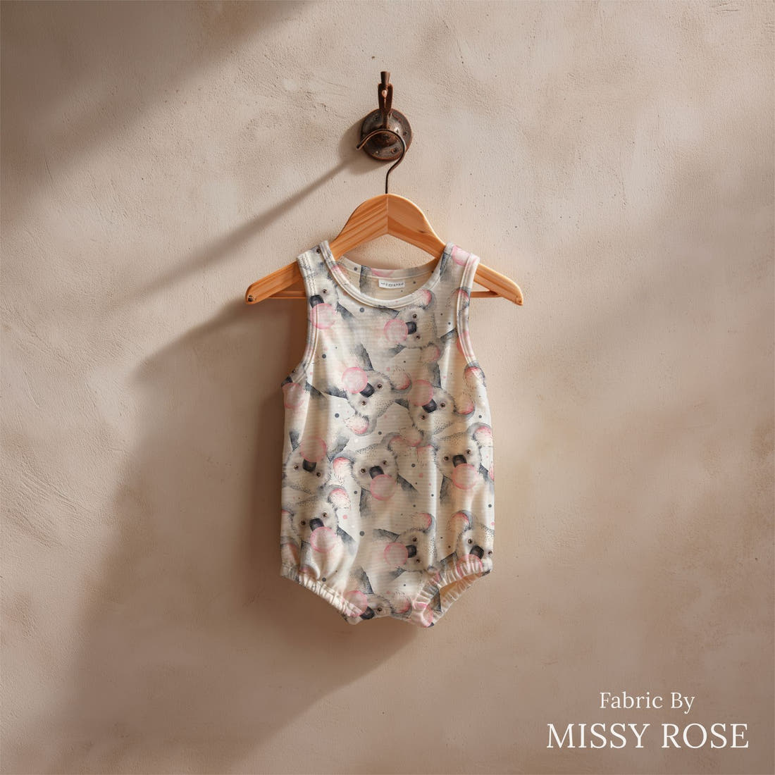 Design 565 Grey Koala Fabric sewn into a baby romper – see how the print looks made up | Fabric by Missy Rose