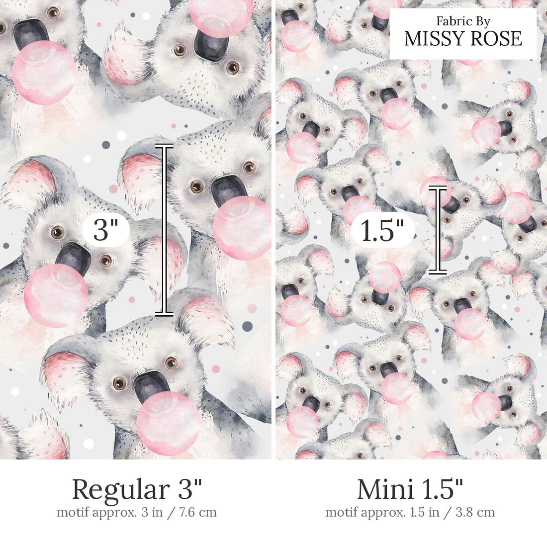 Design 565 Grey Koala Fabric Regular 3 inch vs Mini 1.5 inch print scale side by side | Fabric by Missy Rose