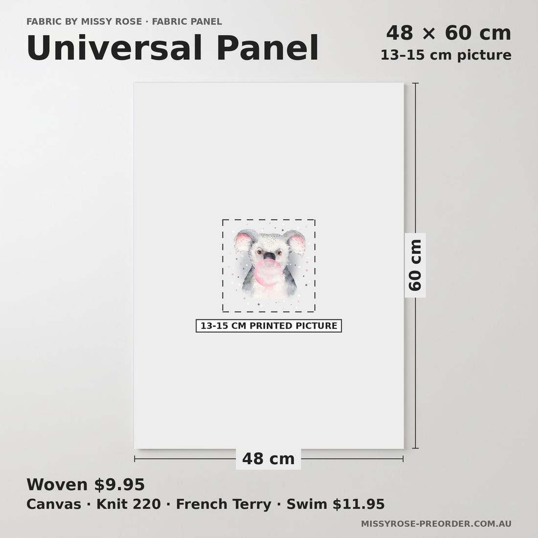 Design 565 Grey Koala Panel universal panel sizing – 13–15 cm printed picture on 48 × 60 cm fabric | Fabric by Missy Rose
