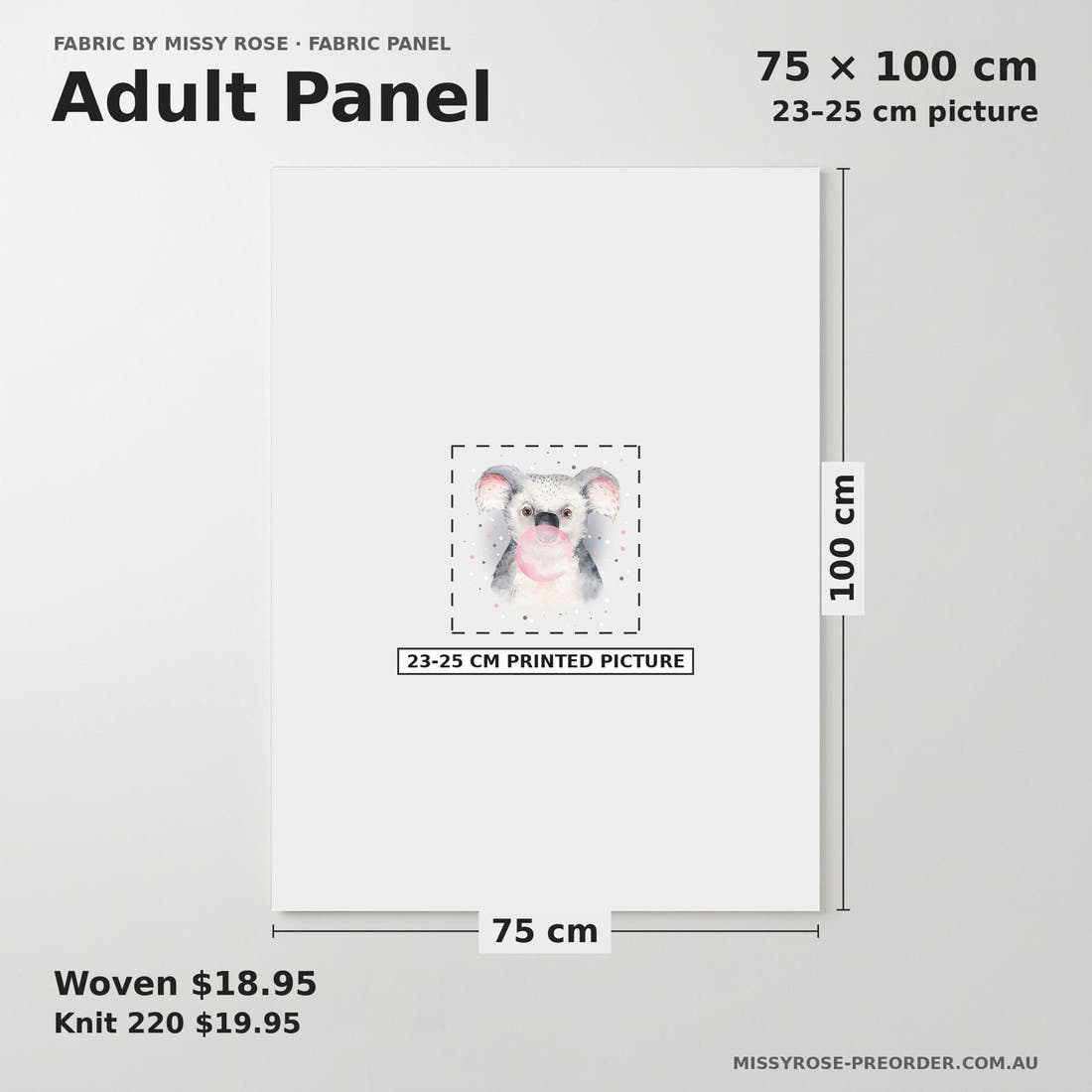 Design 565 Grey Koala Panel adult panel sizing – 23–25 cm printed picture on 75 × 100 cm fabric | Fabric by Missy Rose
