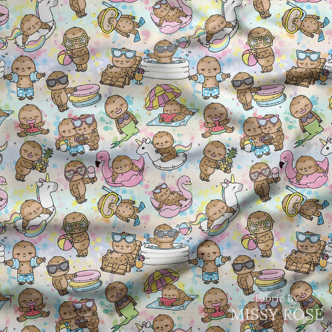 Design 566 Summer Sloths Fabric draped fabric mockup – custom printed fabric by the metre | Fabric by Missy Rose