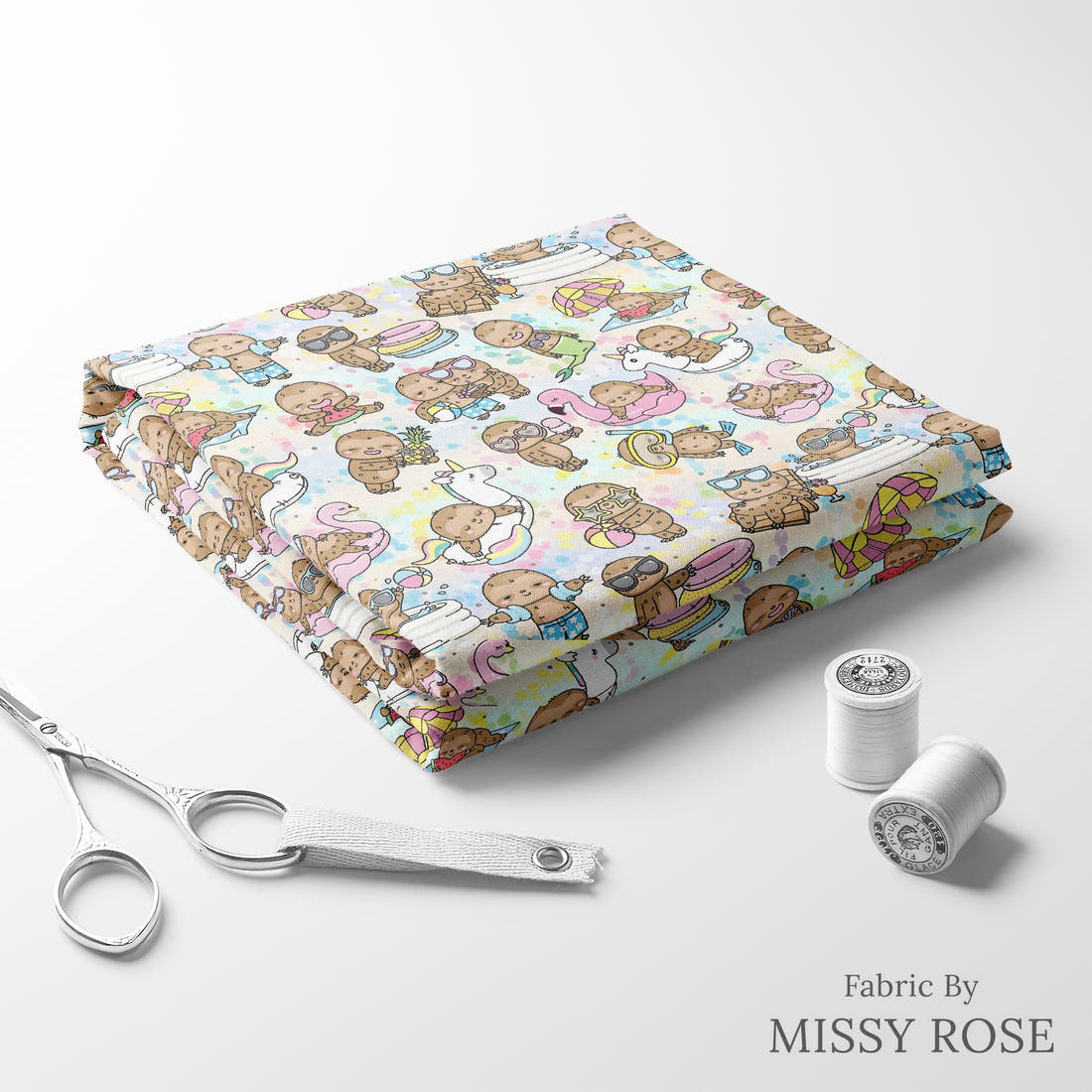 Design 566 Summer Sloths Fabric folded fabric stack with matching thread – pre-order fabric Australia | Fabric by Missy Rose