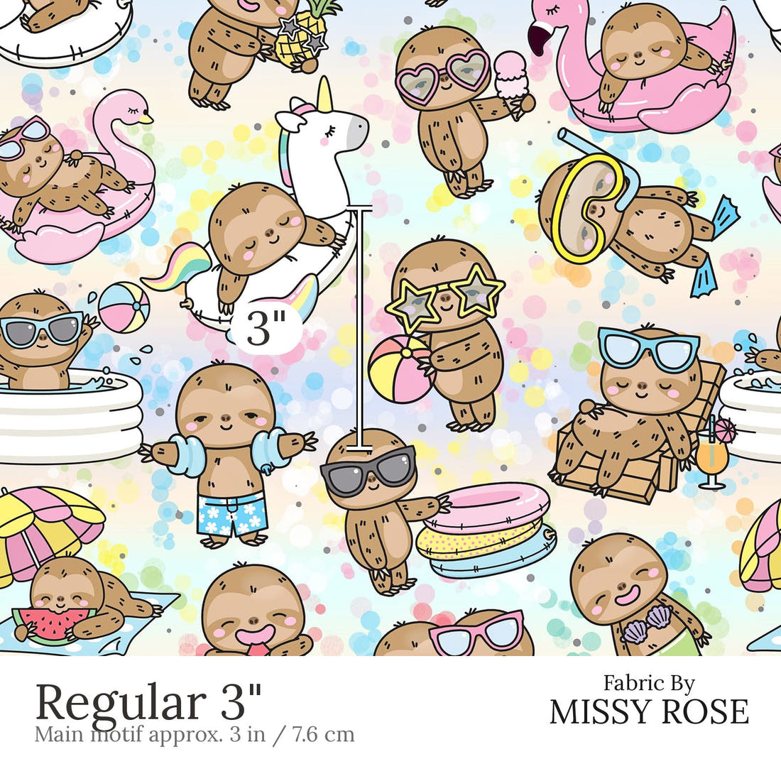 Design 566 Summer Sloths Fabric Regular 3 inch print scale guide | Fabric by Missy Rose