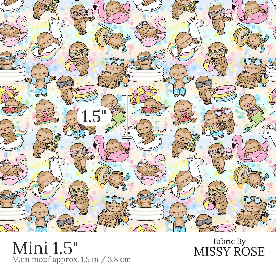 Design 566 Summer Sloths Fabric Mini 1.5 inch print scale guide | Fabric by Missy Rose