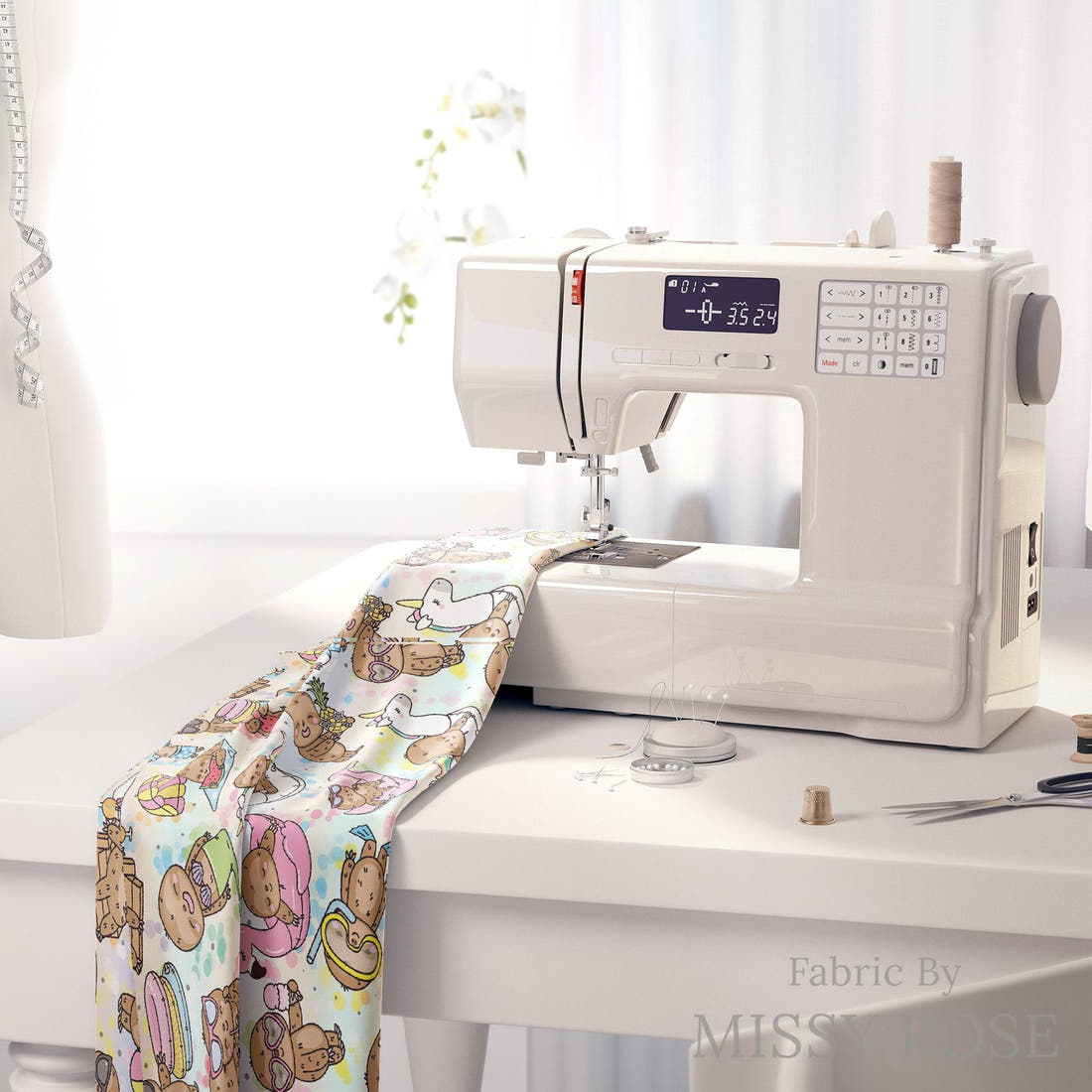 Design 566 Summer Sloths Fabric on a sewing machine – premium fabric for sewing projects | Fabric by Missy Rose