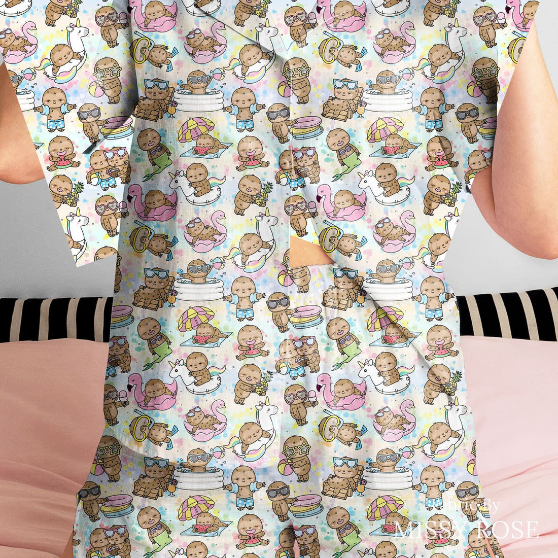 Design 566 Summer Sloths Fabric sewn into a women's pyjama set – see how the print looks made up | Fabric by Missy Rose
