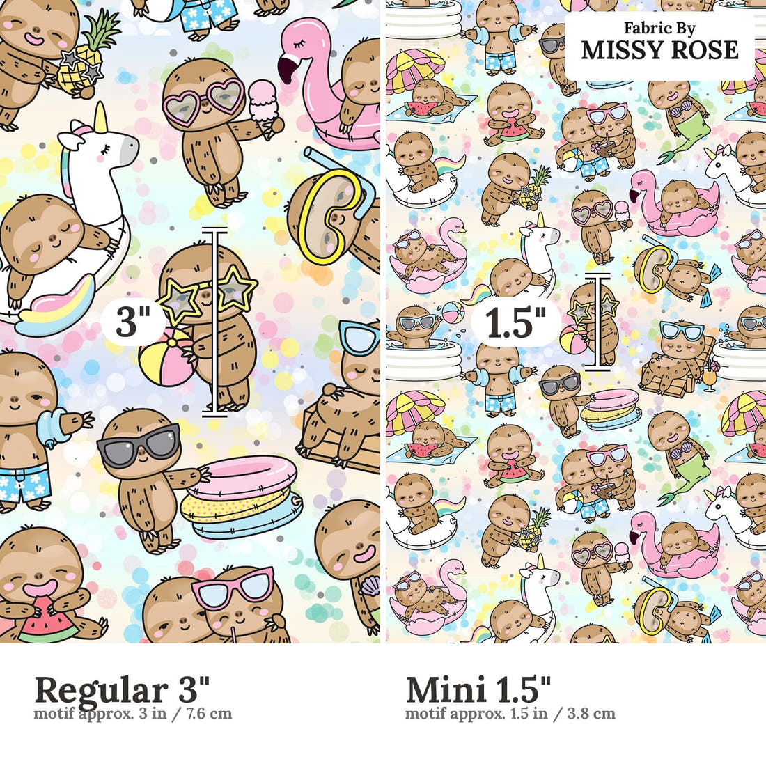 Design 566 Summer Sloths Fabric size comparison - print scale | Fabric by Missy Rose