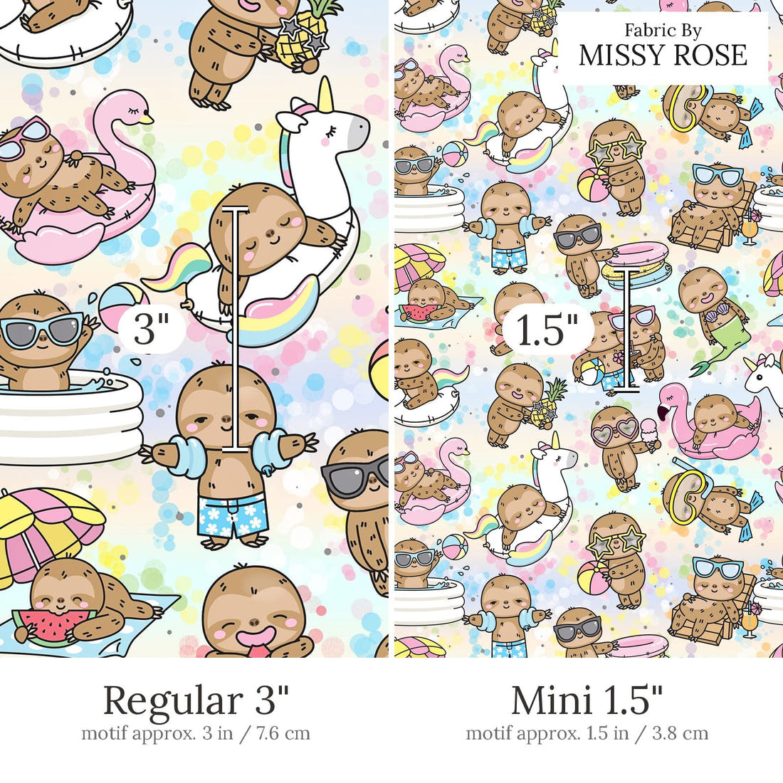 Design 566 Summer Sloths Fabric Regular 3 inch vs Mini 1.5 inch print scale side by side | Fabric by Missy Rose