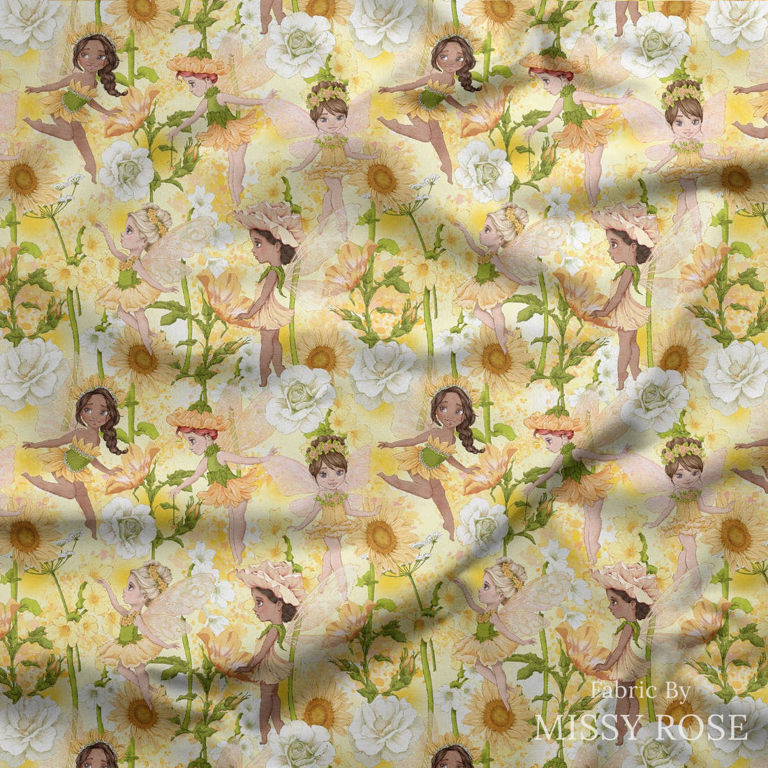 Design 567 Yellow Fairies Fabric draped fabric mockup – custom printed fabric by the metre | Fabric by Missy Rose