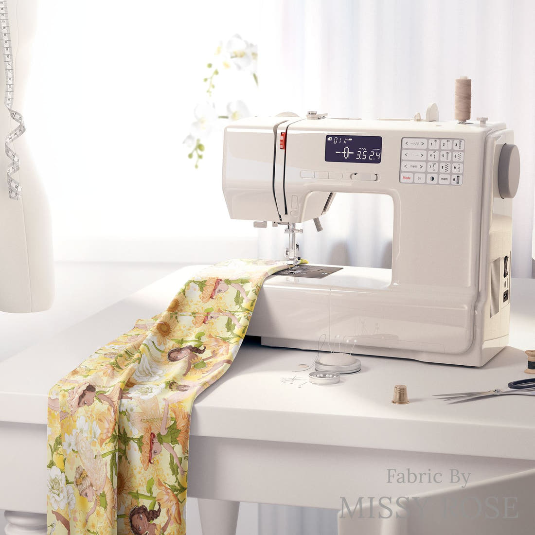 Design 567 Yellow Fairies Fabric on a sewing machine – premium fabric for sewing projects | Fabric by Missy Rose