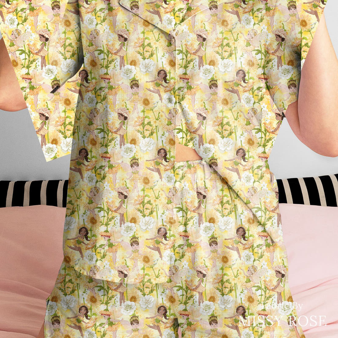 Design 567 Yellow Fairies Fabric sewn into a women's pyjama set – see how the print looks made up | Fabric by Missy Rose
