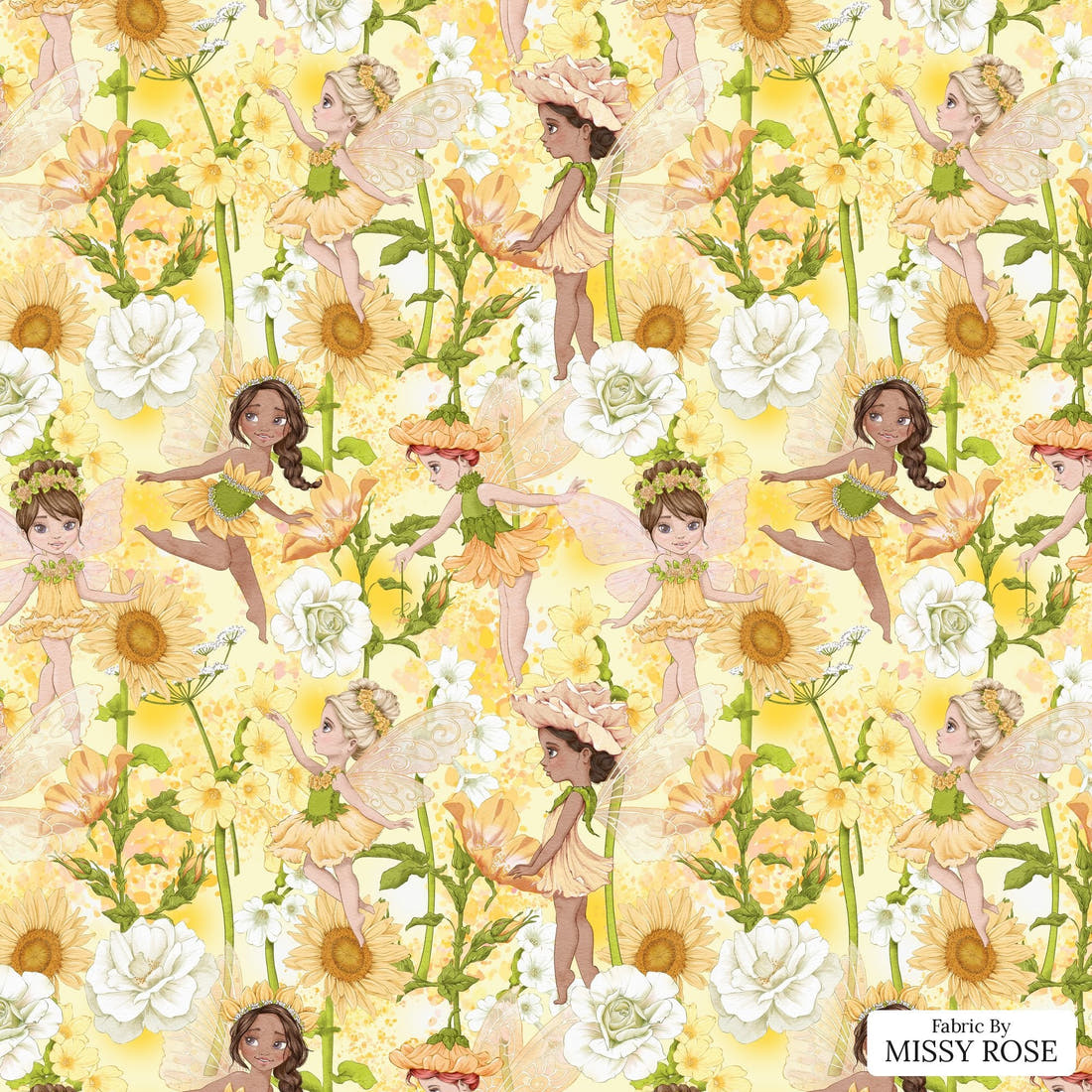 Design 567 Yellow Fairies Fabric - flat view of the print, zoom in for detail | Fabric by Missy Rose