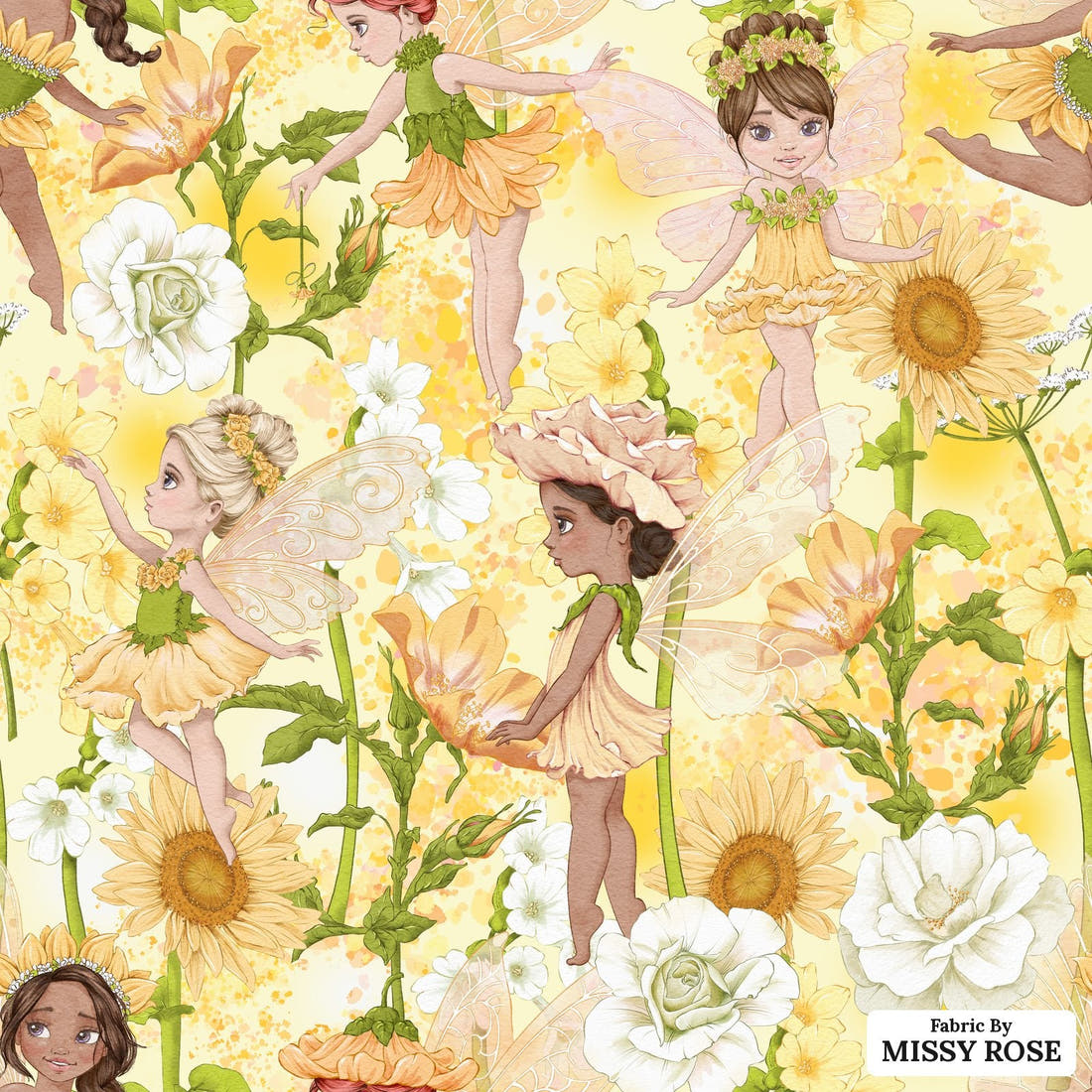 Design 567 Yellow Fairies Fabric - flat view of the print, zoom in for detail | Fabric by Missy Rose