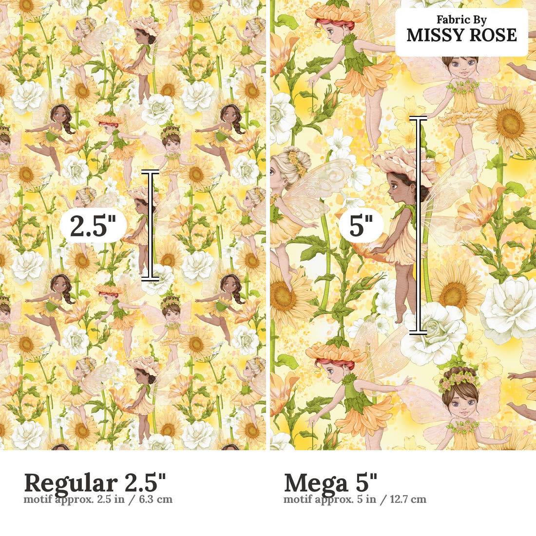 Design 567 Yellow Fairies Fabric size comparison - print scale | Fabric by Missy Rose
