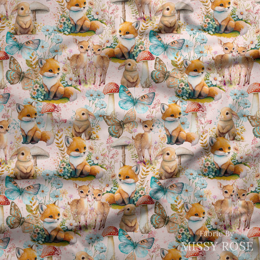 Design 568 Whimsical Woodlands Fabric draped fabric mockup – custom printed fabric by the metre | Fabric by Missy Rose