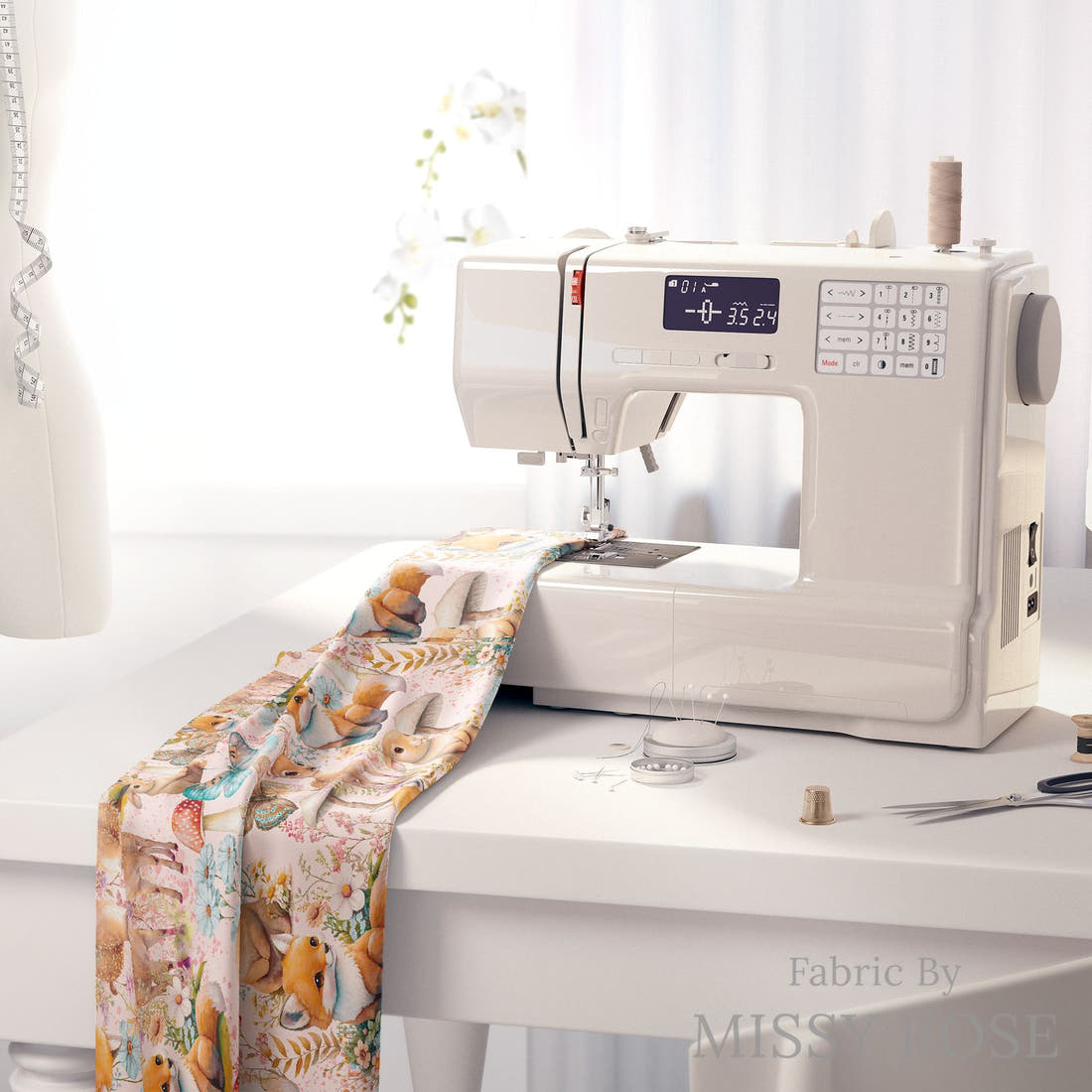 Design 568 Whimsical Woodlands Fabric on a sewing machine – premium fabric for sewing projects | Fabric by Missy Rose