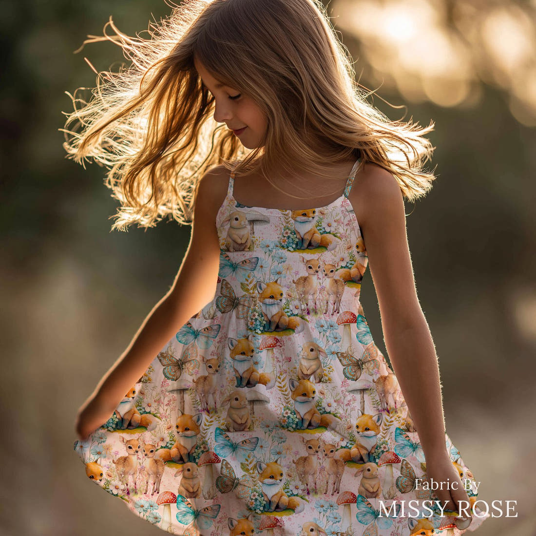 Design 568 Whimsical Woodlands Fabric sewn into a girls' dress – see how the print looks made up | Fabric by Missy Rose