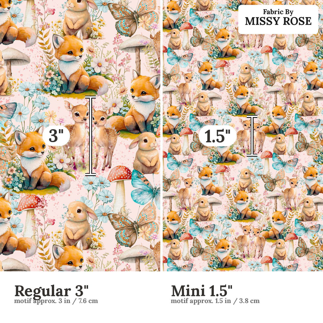 Design 568 Whimsical Woodlands Fabric size comparison - print scale | Fabric by Missy Rose