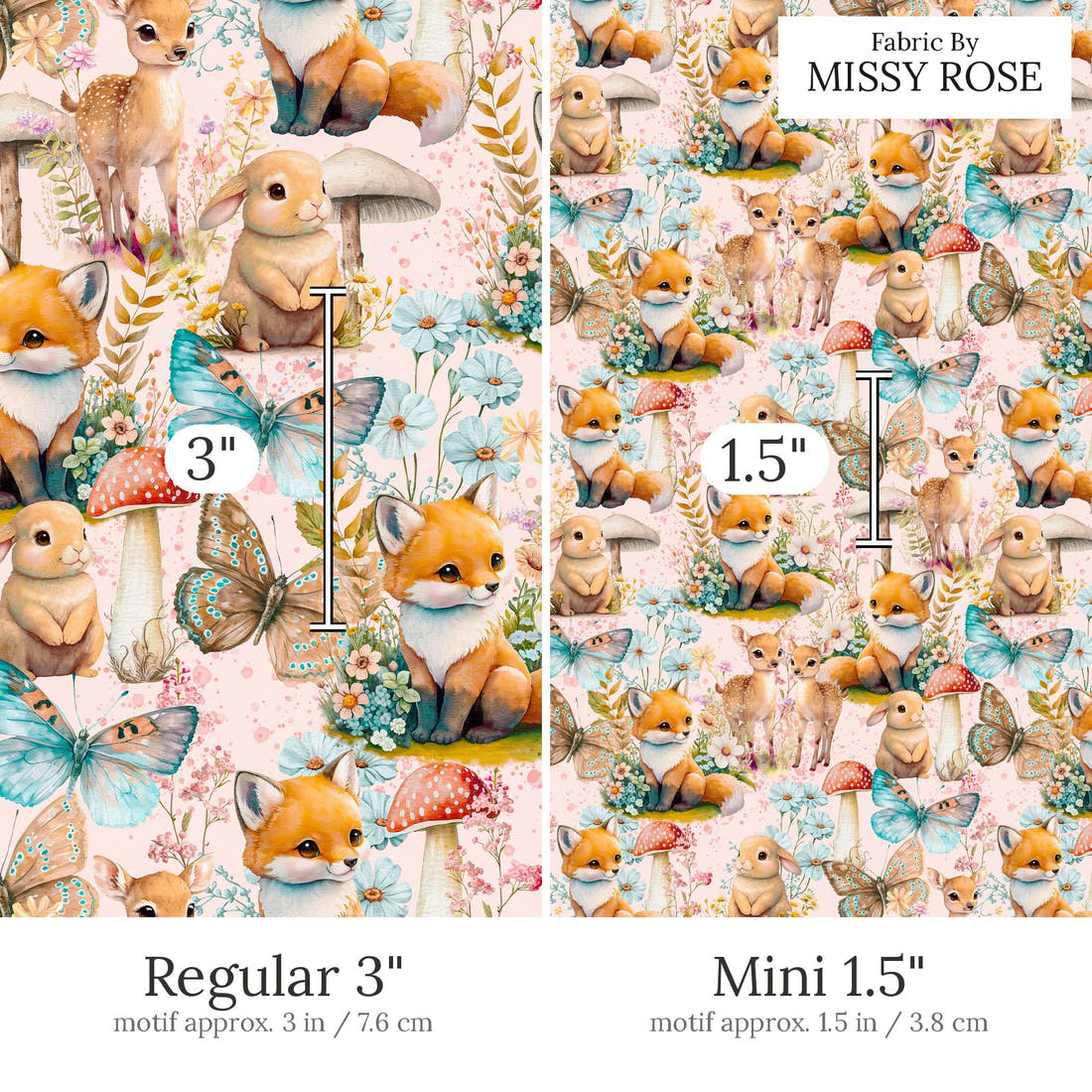 Design 568 Whimsical Woodlands Fabric Regular 3 inch vs Mini 1.5 inch print scale side by side | Fabric by Missy Rose
