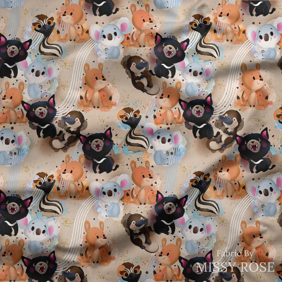 Design 569 Neutral Aussie Animals Fabric draped fabric mockup – custom printed fabric by the metre | Fabric by Missy Rose