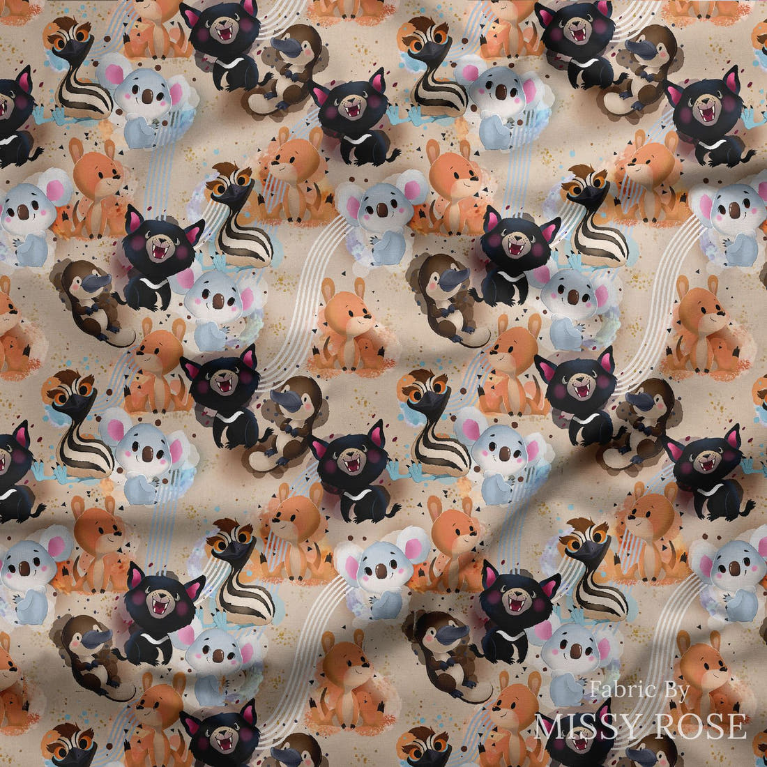Design 569 Neutral Aussie Animals Fabric draped fabric mockup – custom printed fabric by the metre | Fabric by Missy Rose