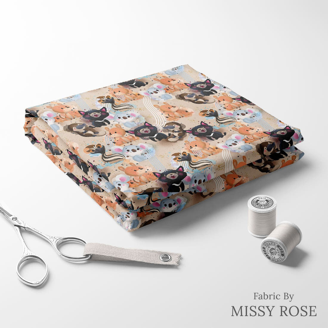Design 569 Neutral Aussie Animals Fabric folded fabric stack with matching thread – pre-order fabric Australia | Fabric by Missy Rose