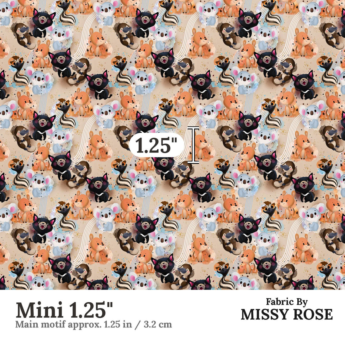 Design 569 Neutral Aussie Animals Fabric Mini 1.25" - print scale | Fabric by Missy Rose