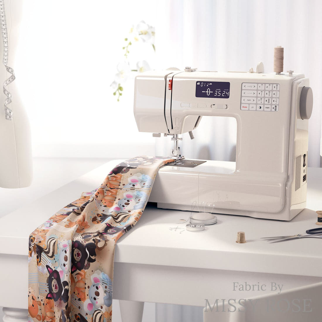 Design 569 Neutral Aussie Animals Fabric on a sewing machine – premium fabric for sewing projects | Fabric by Missy Rose