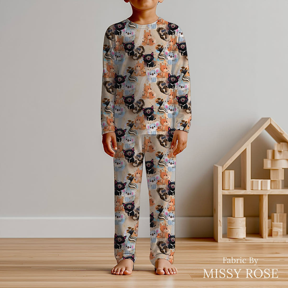 Design 569 Neutral Aussie Animals Fabric sewn into kids' pyjamas – see how the print looks made up | Fabric by Missy Rose