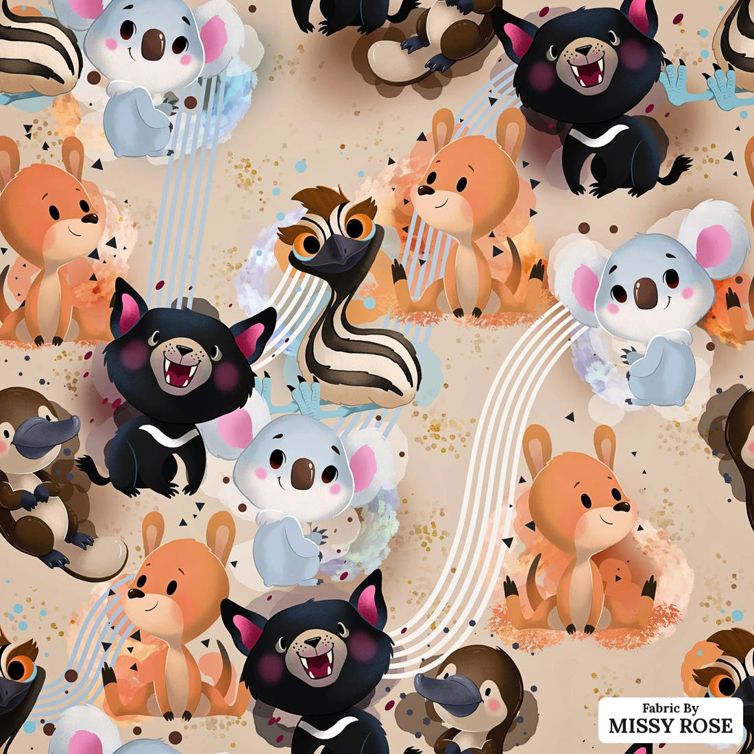 Design 569 Neutral Aussie Animals Fabric - flat view of the print, zoom in for detail | Fabric by Missy Rose