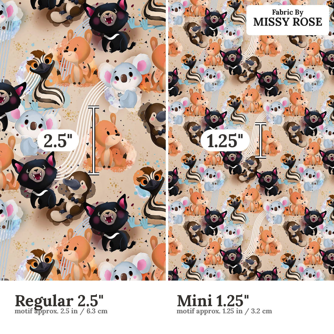 Design 569 Neutral Aussie Animals Fabric size comparison - print scale | Fabric by Missy Rose