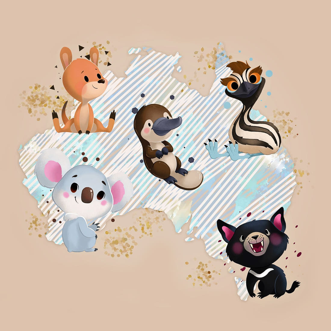 Design 569 Neutral Aussie Animals Panel – full artwork close-up of the printed picture | Fabric by Missy Rose