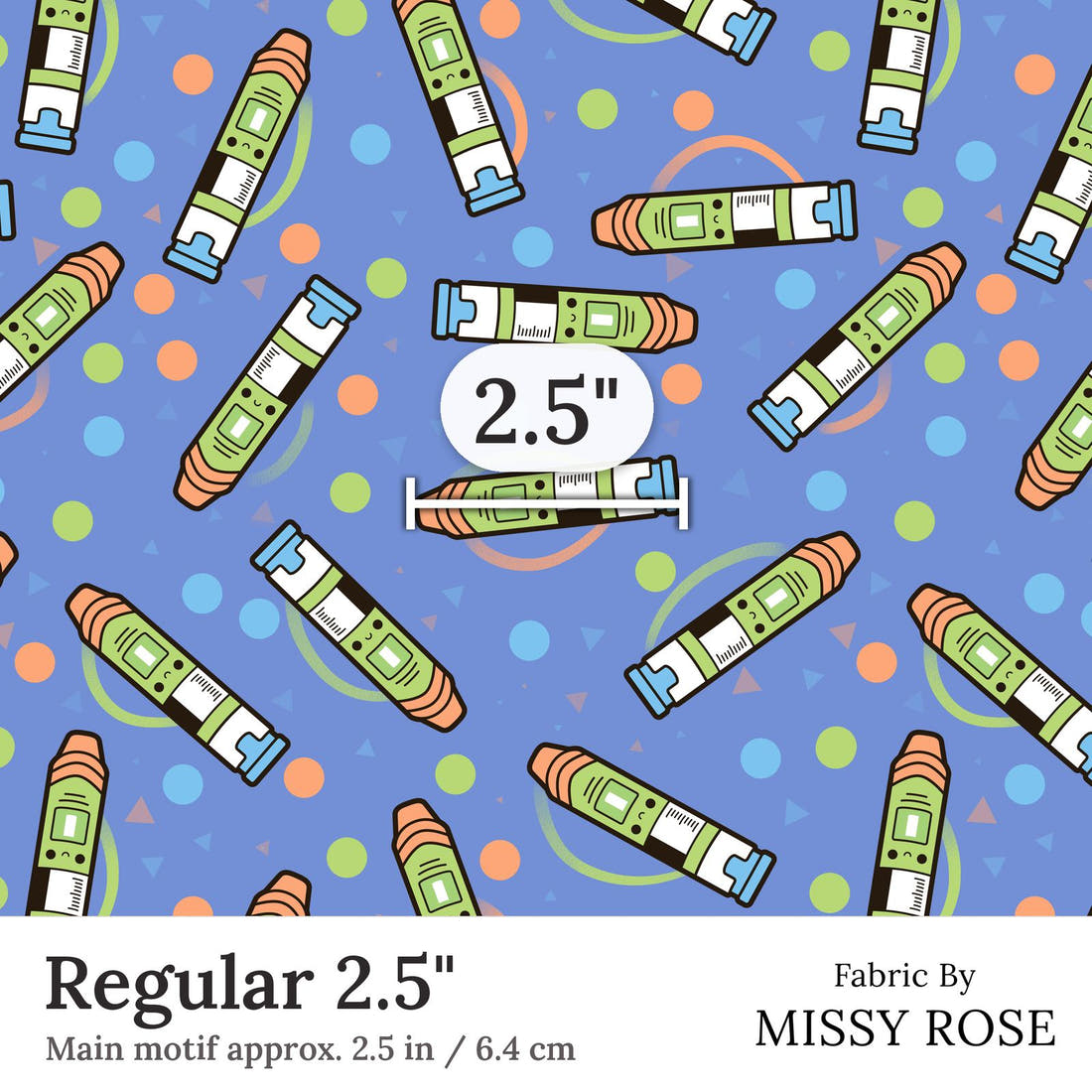 Design 57 Green Epi Pen Fabric Regular 2.5 inch print scale guide | Fabric by Missy Rose