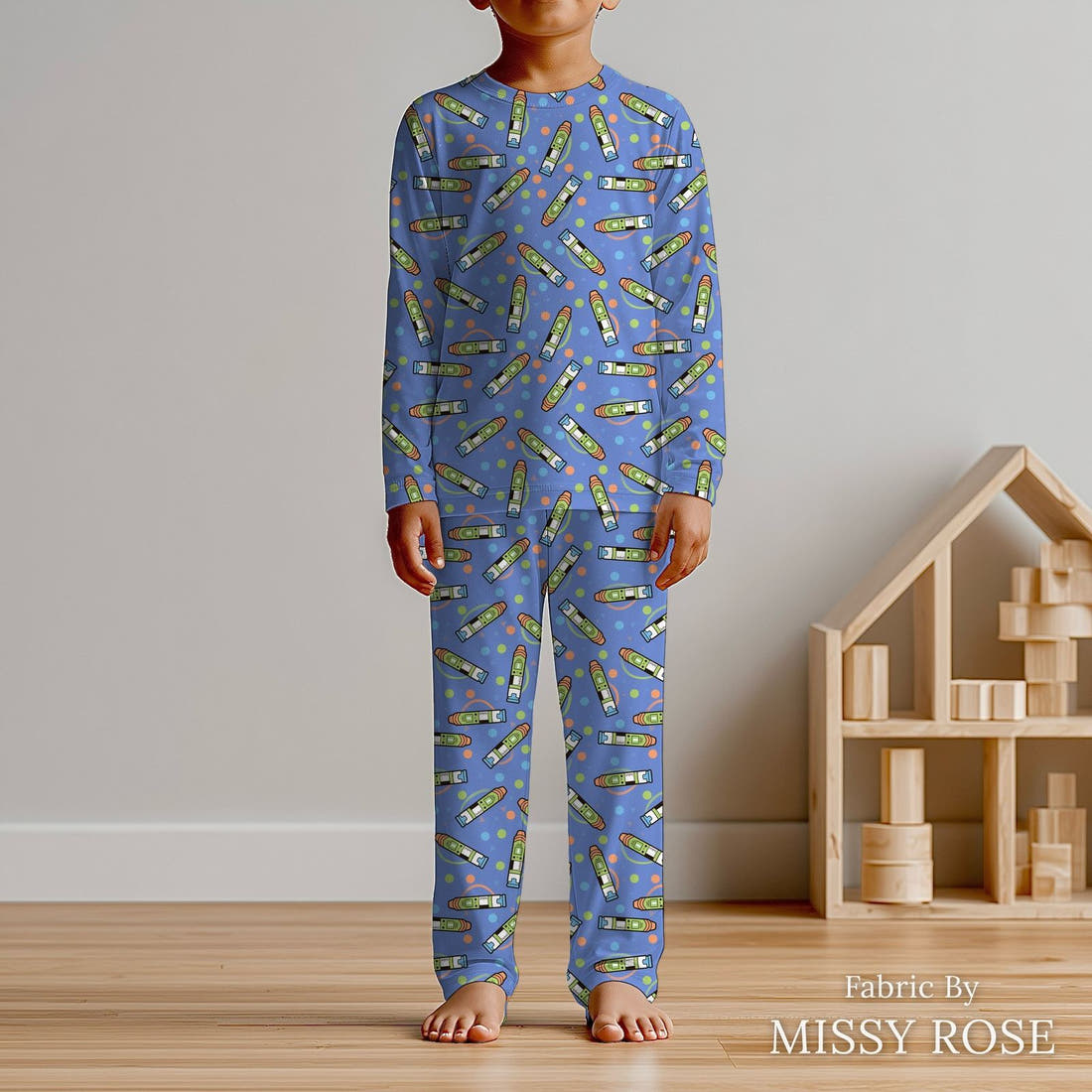 Design 57 Green Epi Pen Fabric sewn into kids' pyjamas – see how the print looks made up | Fabric by Missy Rose