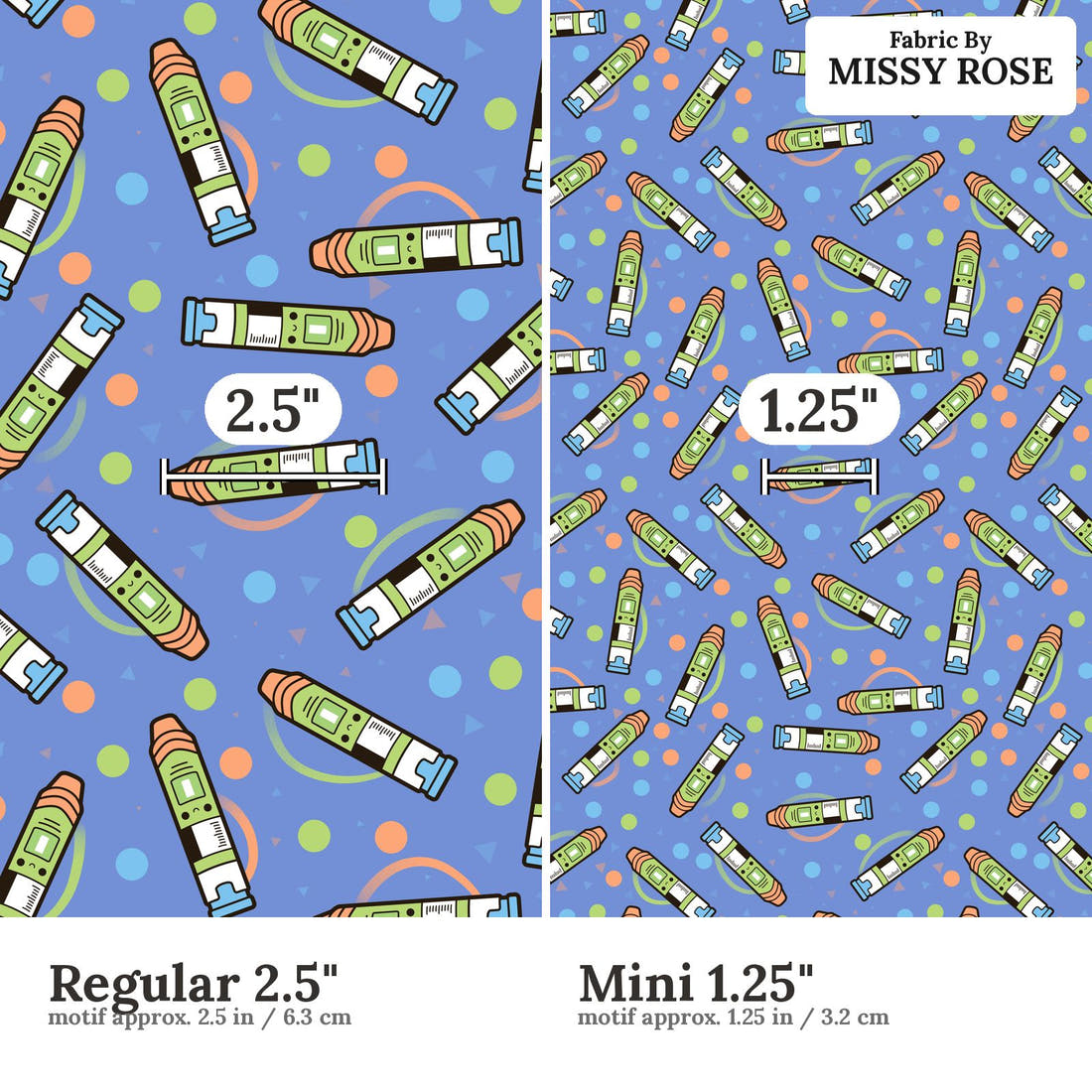Design 57 Green Epi Pen Fabric size comparison - print scale | Fabric by Missy Rose