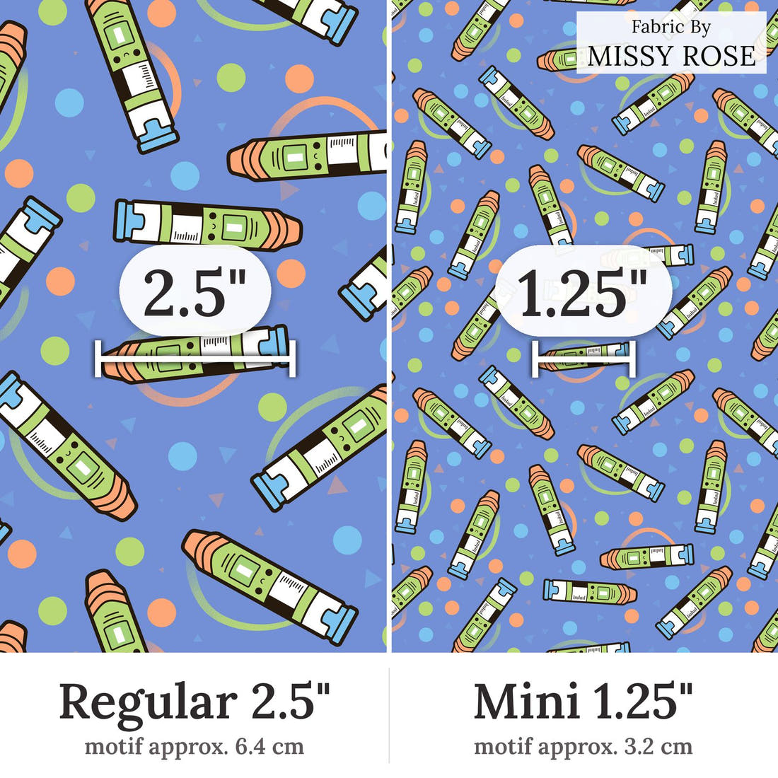 Design 57 Green Epi Pen Fabric Regular 2.5 inch vs Mini 1.25 inch print scale side by side | Fabric by Missy Rose