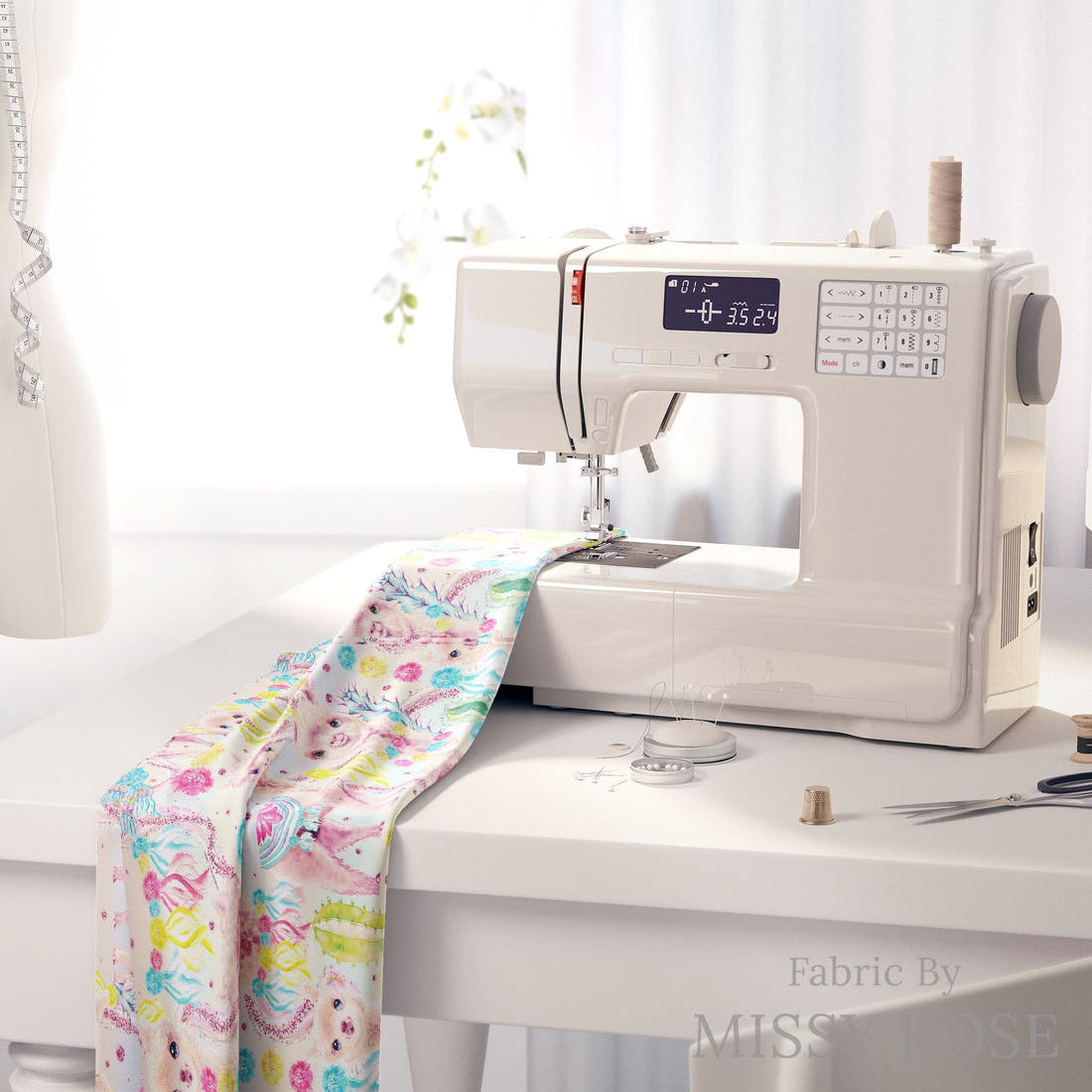 Design 570 Pastel Alpaca Fabric on a sewing machine – premium fabric for sewing projects | Fabric by Missy Rose