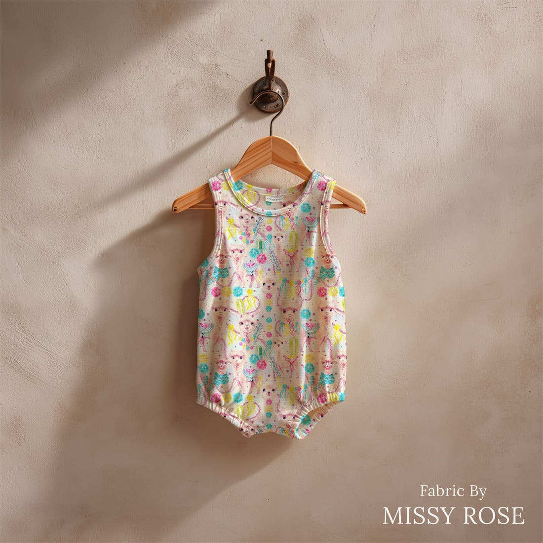 Design 570 Pastel Alpaca Fabric sewn into a baby romper – see how the print looks made up | Fabric by Missy Rose