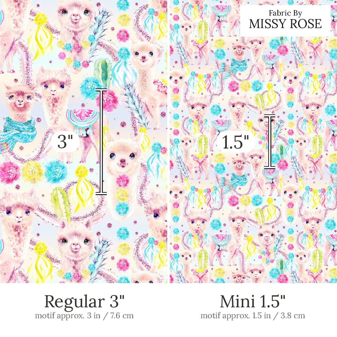 Design 570 Pastel Alpaca Fabric Regular 3 inch vs Mini 1.5 inch print scale side by side | Fabric by Missy Rose