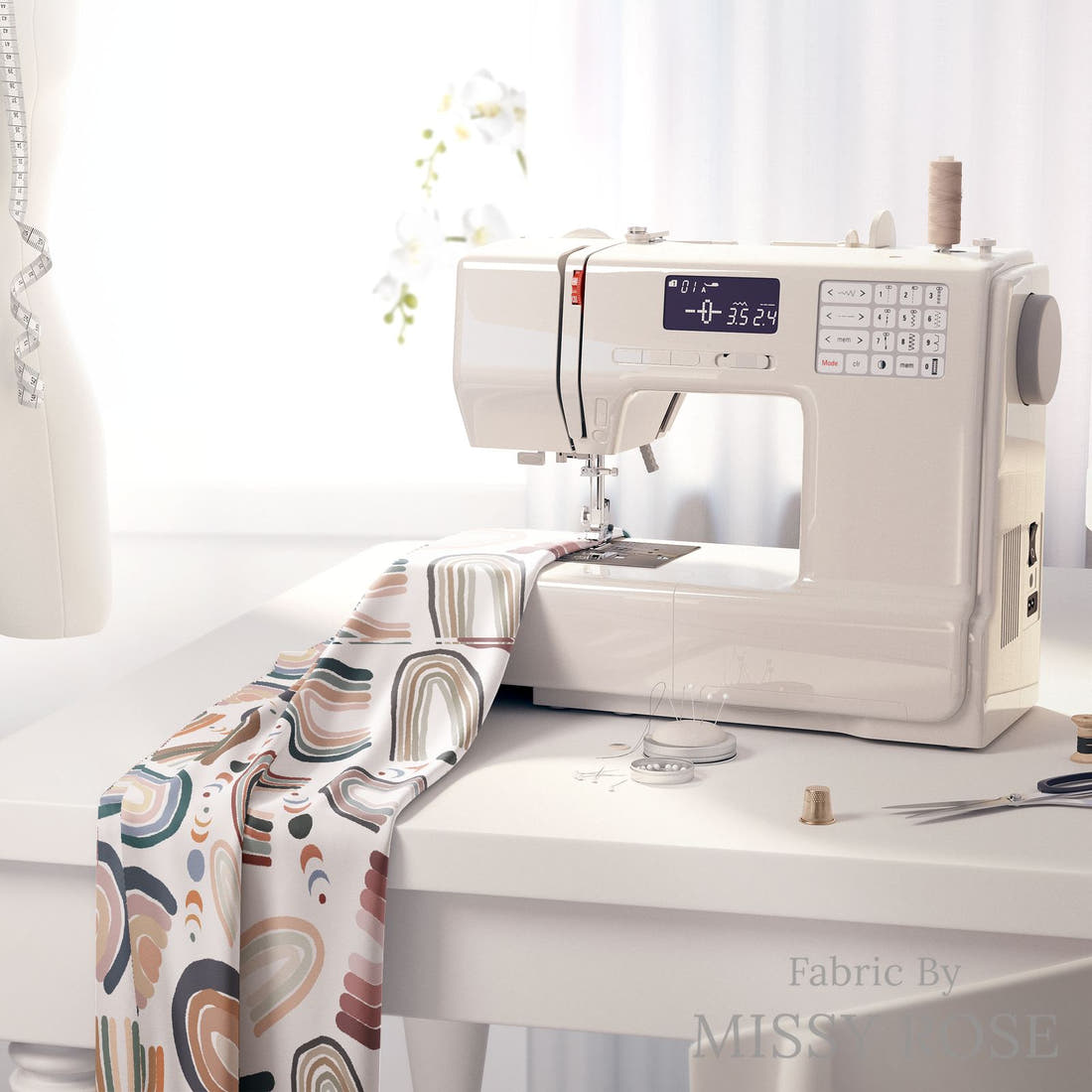 Design 571 Abstract Rainbow Fabric on a sewing machine – premium fabric for sewing projects | Fabric by Missy Rose