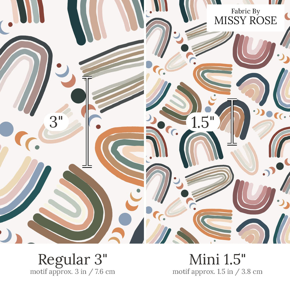 Design 571 Abstract Rainbow Fabric Regular 3 inch vs Mini 1.5 inch print scale side by side | Fabric by Missy Rose