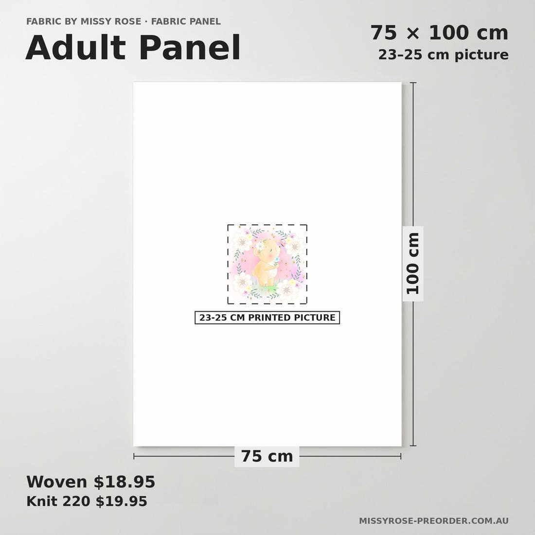 Design 572 Pastel Bear Panel adult panel sizing – 23–25 cm printed picture on 75 × 100 cm fabric | Fabric by Missy Rose