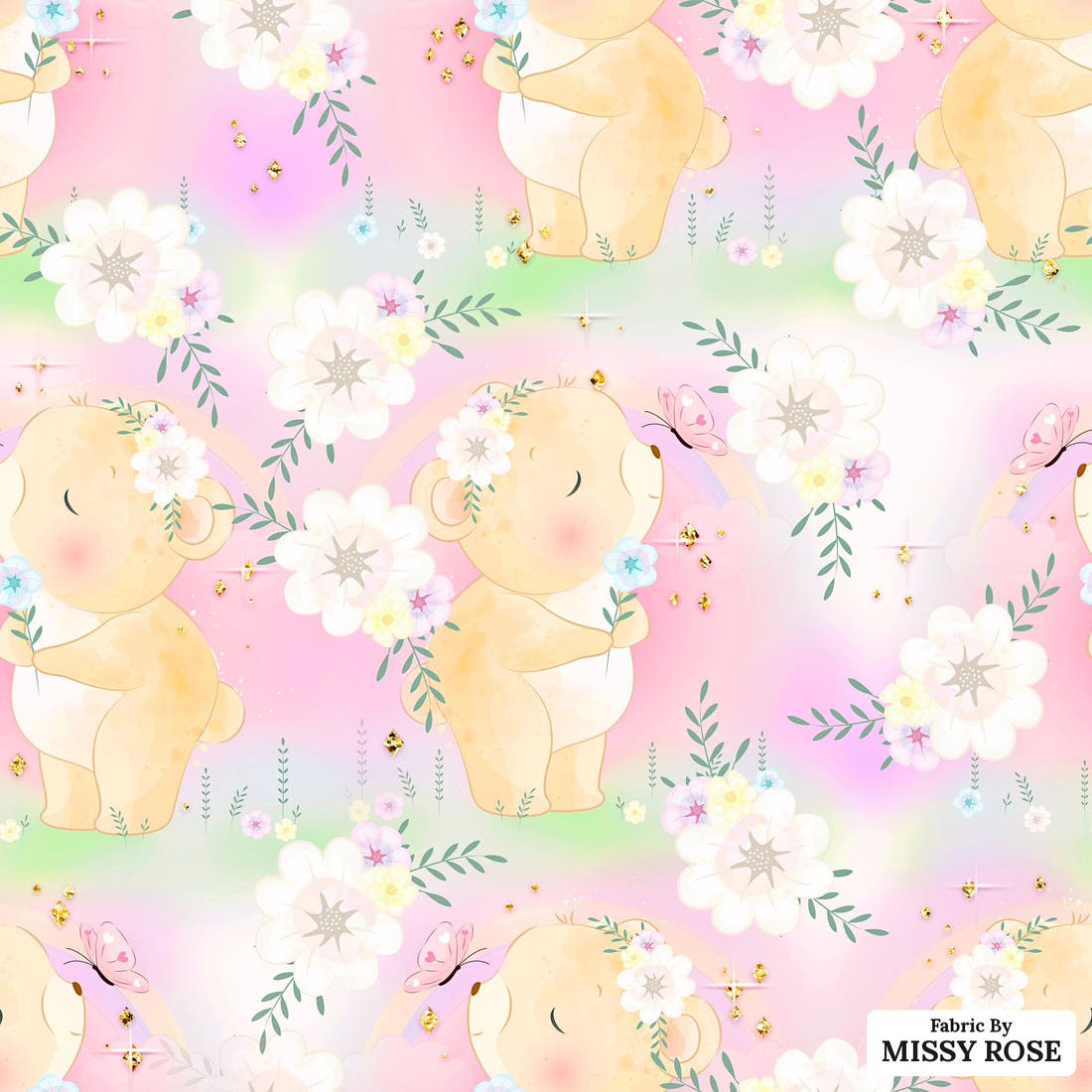 Design 572 Pastel Bear Fabric - flat view of the print, zoom in for detail | Fabric by Missy Rose