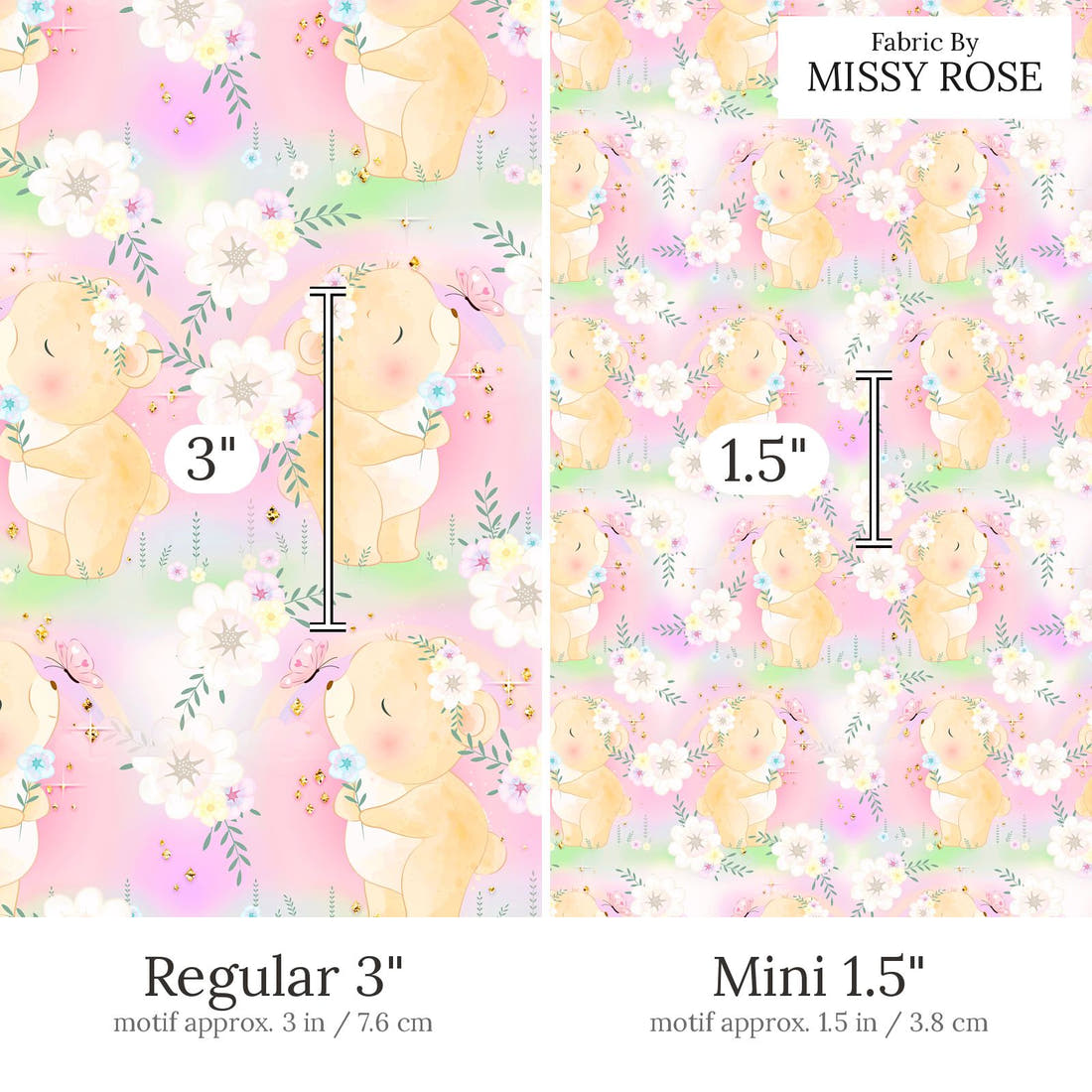 Design 572 Pastel Bear Fabric Regular 3 inch vs Mini 1.5 inch print scale side by side | Fabric by Missy Rose