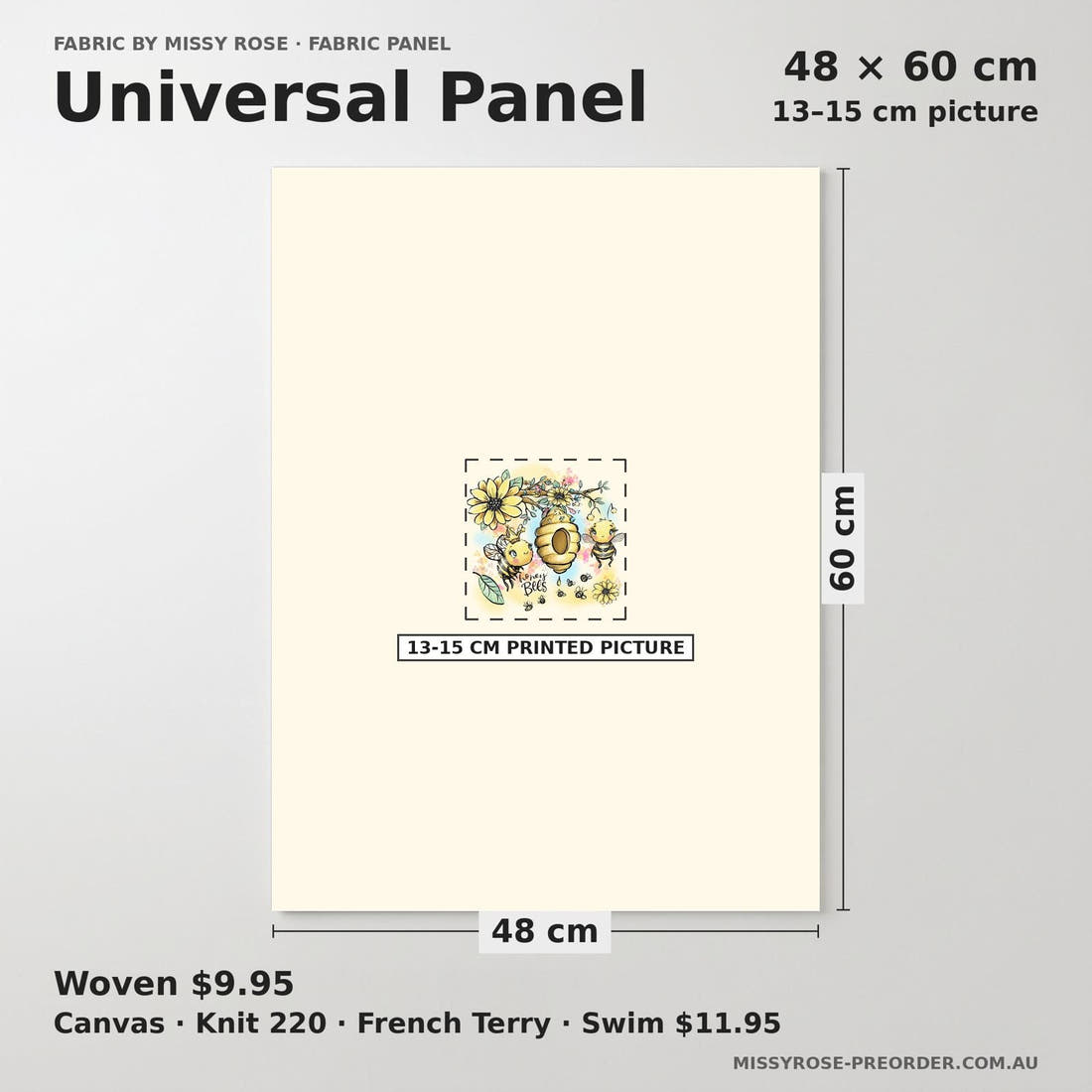 Design 573 Yellow Bee Panel universal panel sizing – 13–15 cm printed picture on 48 × 60 cm fabric | Fabric by Missy Rose