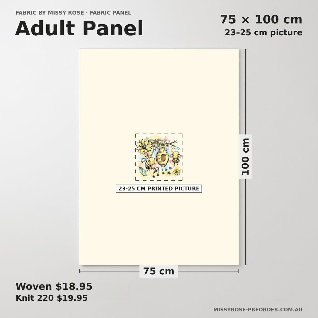Design 573 Yellow Bee Panel adult panel sizing – 23–25 cm printed picture on 75 × 100 cm fabric | Fabric by Missy Rose