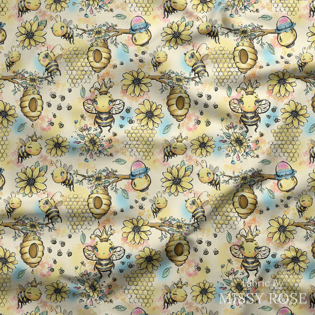 Design 573 Yellow Bee Fabric draped fabric mockup – custom printed fabric by the metre | Fabric by Missy Rose