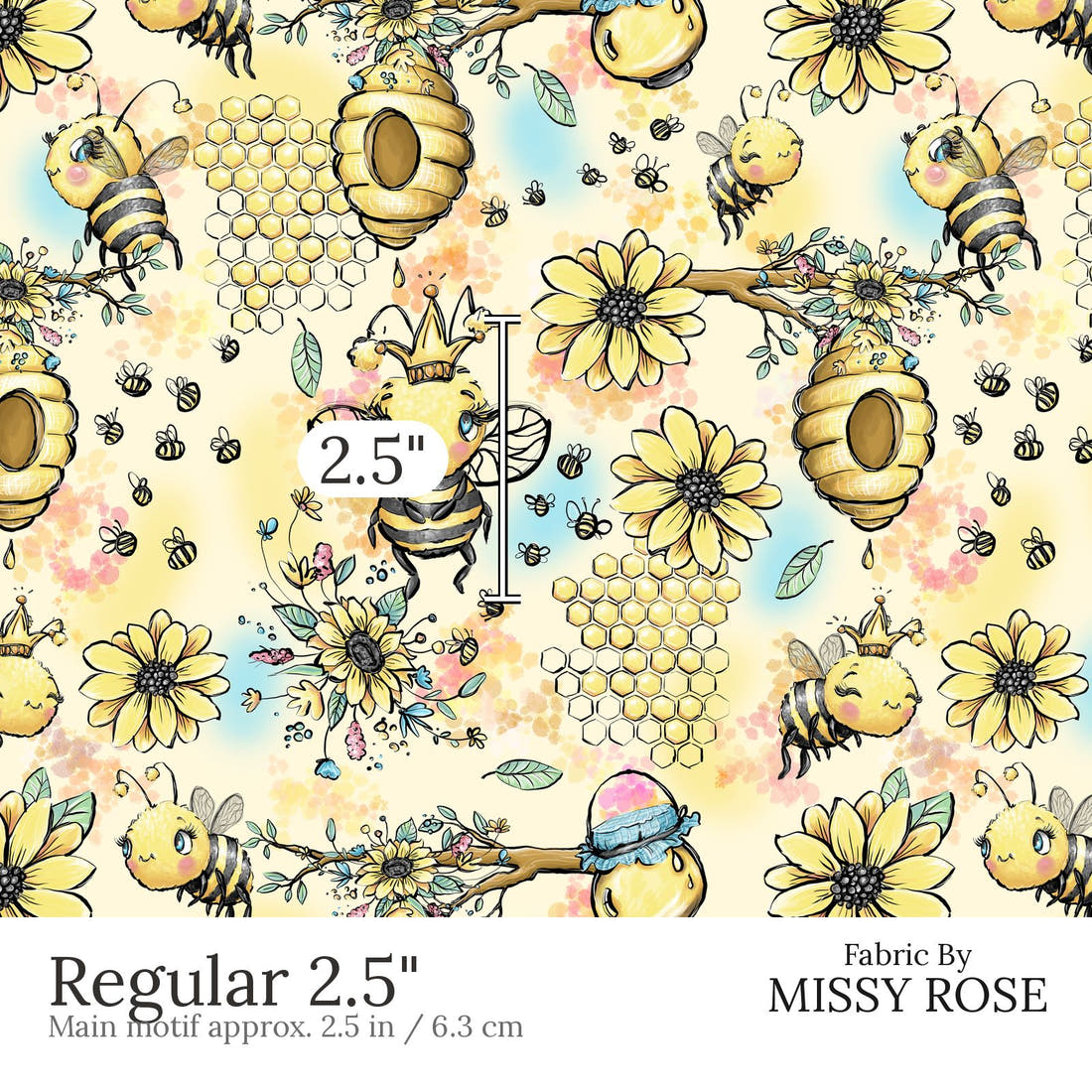 Design 573 Yellow Bee Fabric Regular 2.5 inch print scale guide | Fabric by Missy Rose