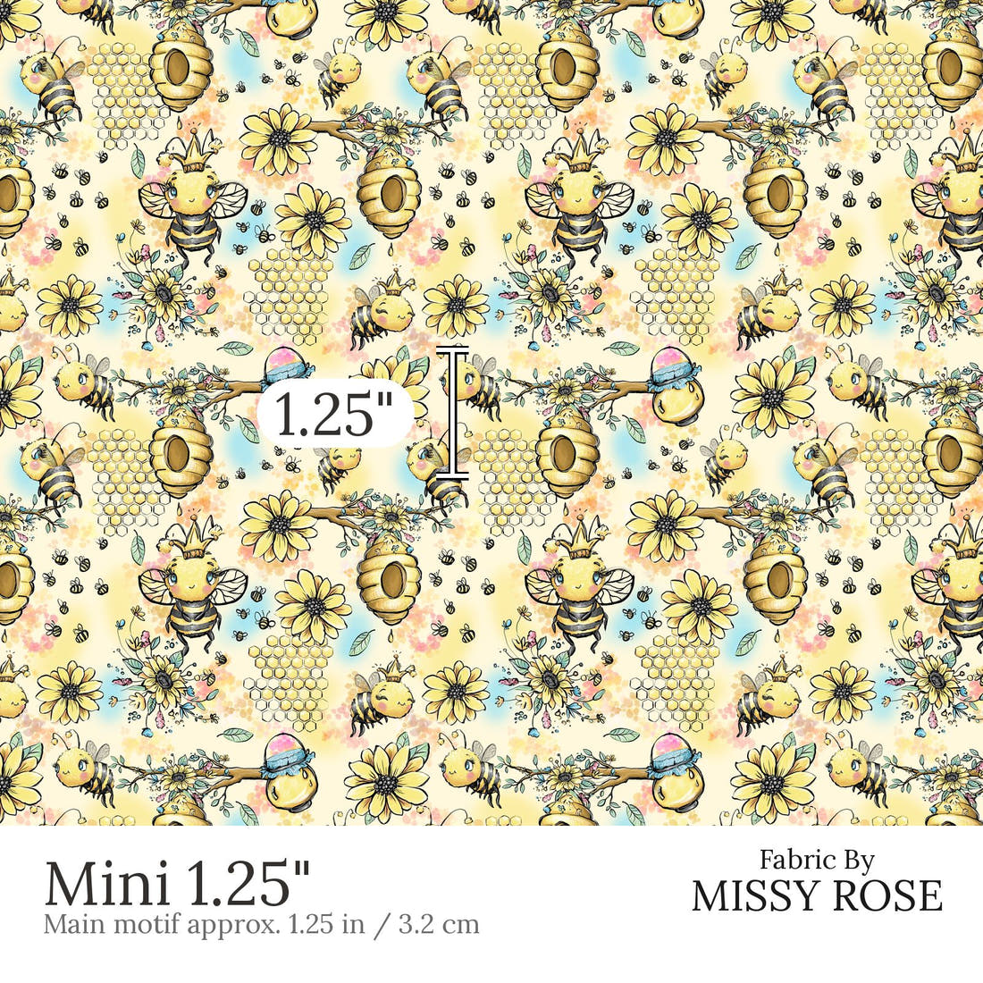Design 573 Yellow Bee Fabric Mini 1.25 inch print scale guide | Fabric by Missy Rose